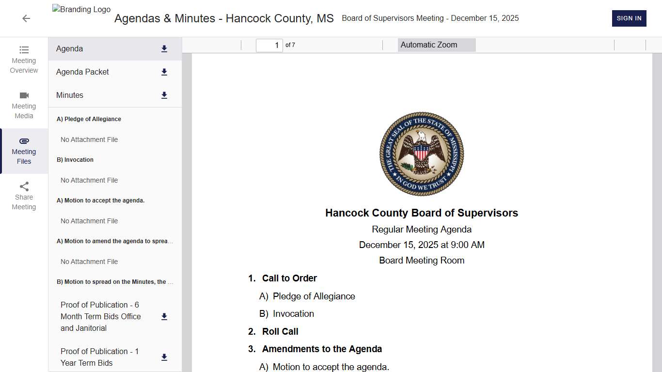 Board of Supervisors Meeting • Agendas & Minutes - Hancock County, MS • CivicClerk