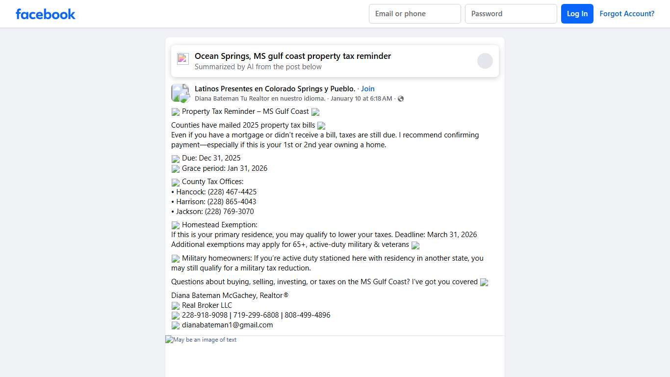 Latinos Presentes en Colorado Springs y Pueblo. | 🚨 Property Tax Reminder – MS Gulf Coast 🏡 | Facebook